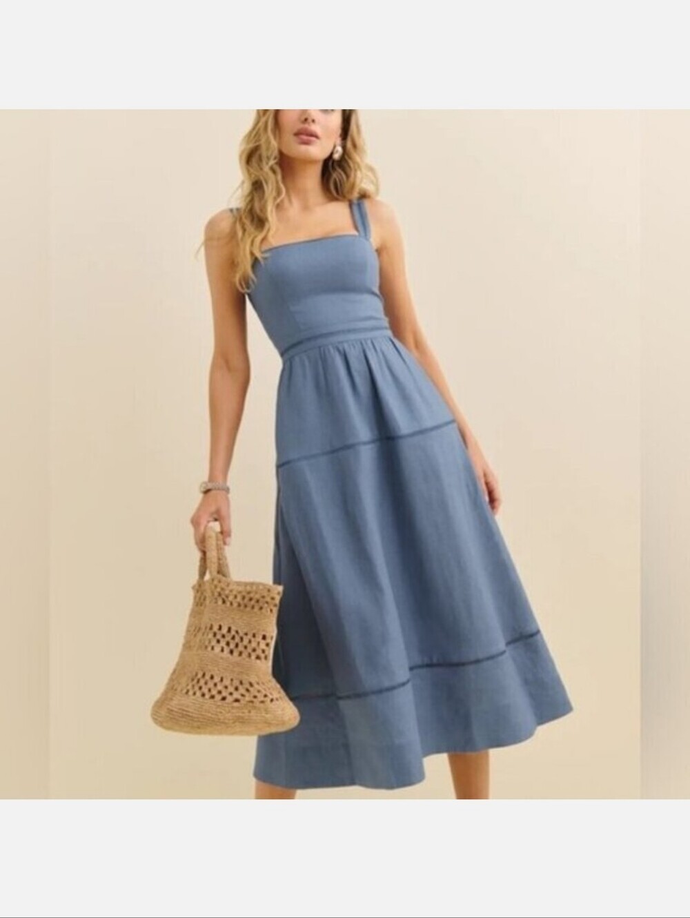NEW Reformation Everett Linen Midi Dress Cornflower Blue | US 2 UK 6